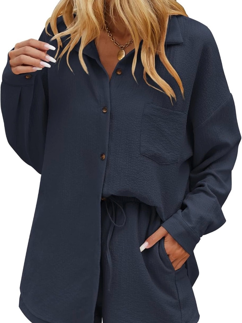 Women's Navy Button-Front Lounge Shirt by